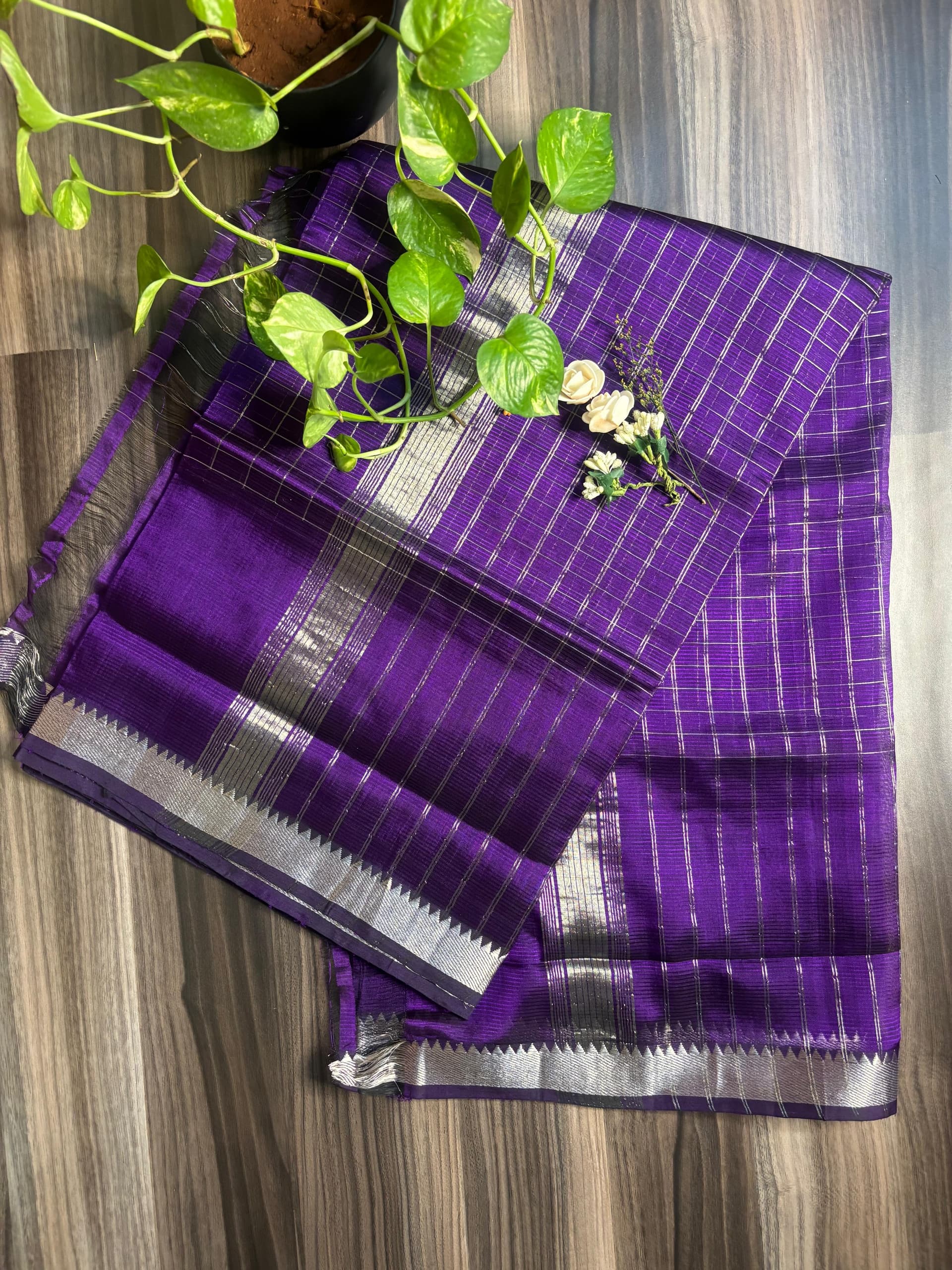 Purple Checked Silver Border Mangalagiri Pattu Saree