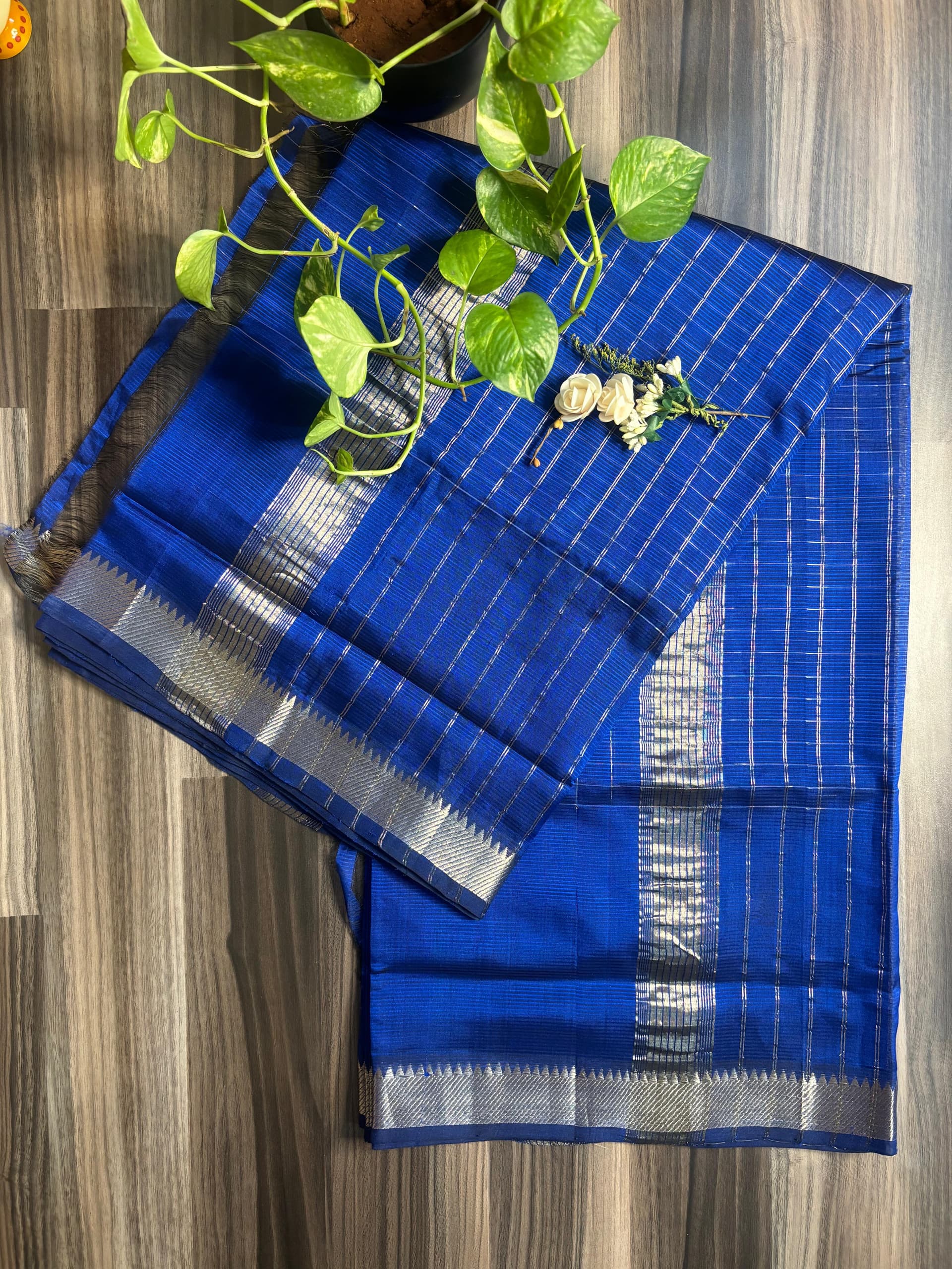Cobalt Blue Silver Line Mangalagiri Pattu Saree
