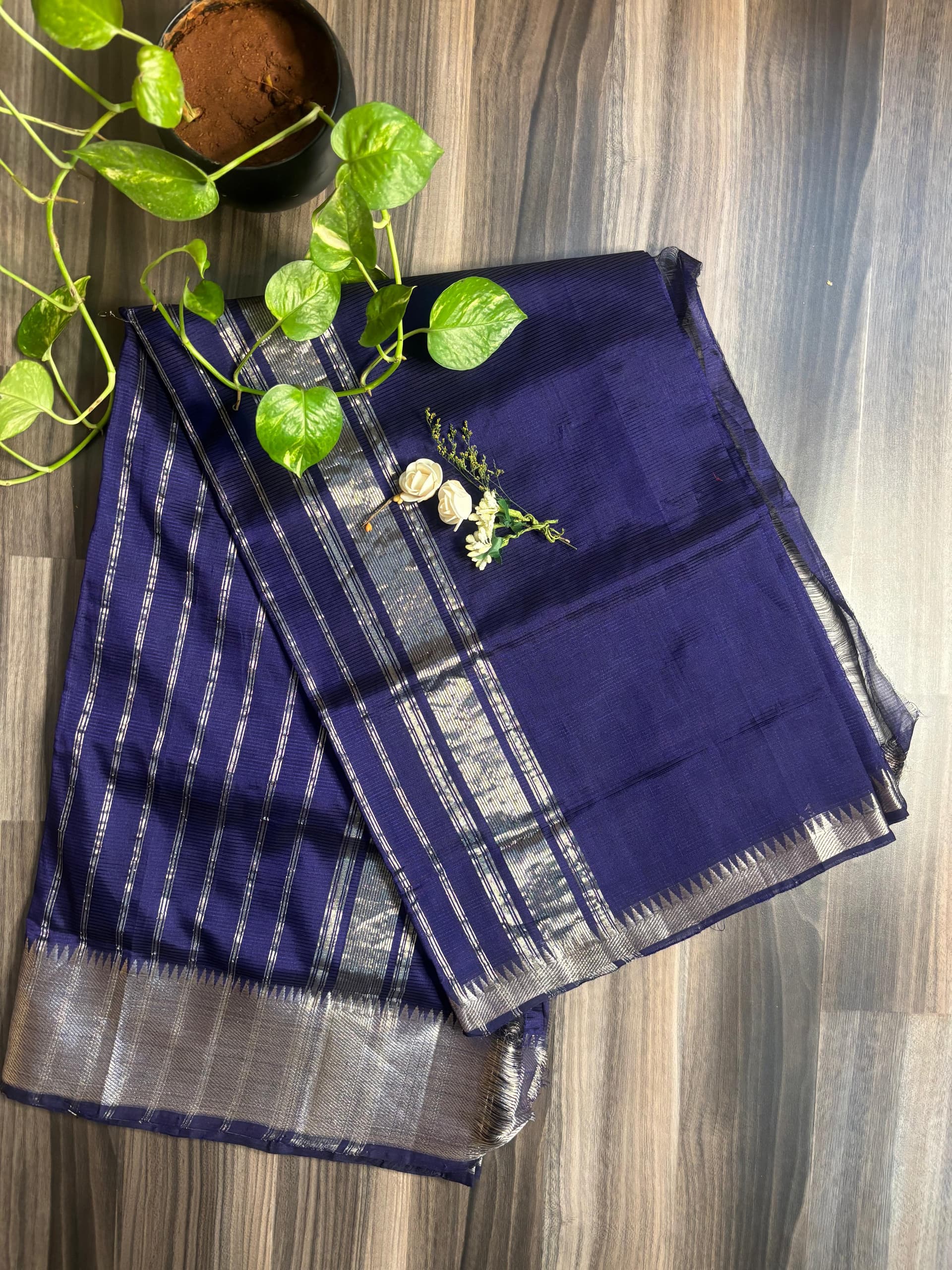 Navy Blue Silver Border Mangalagiri Pattu Saree