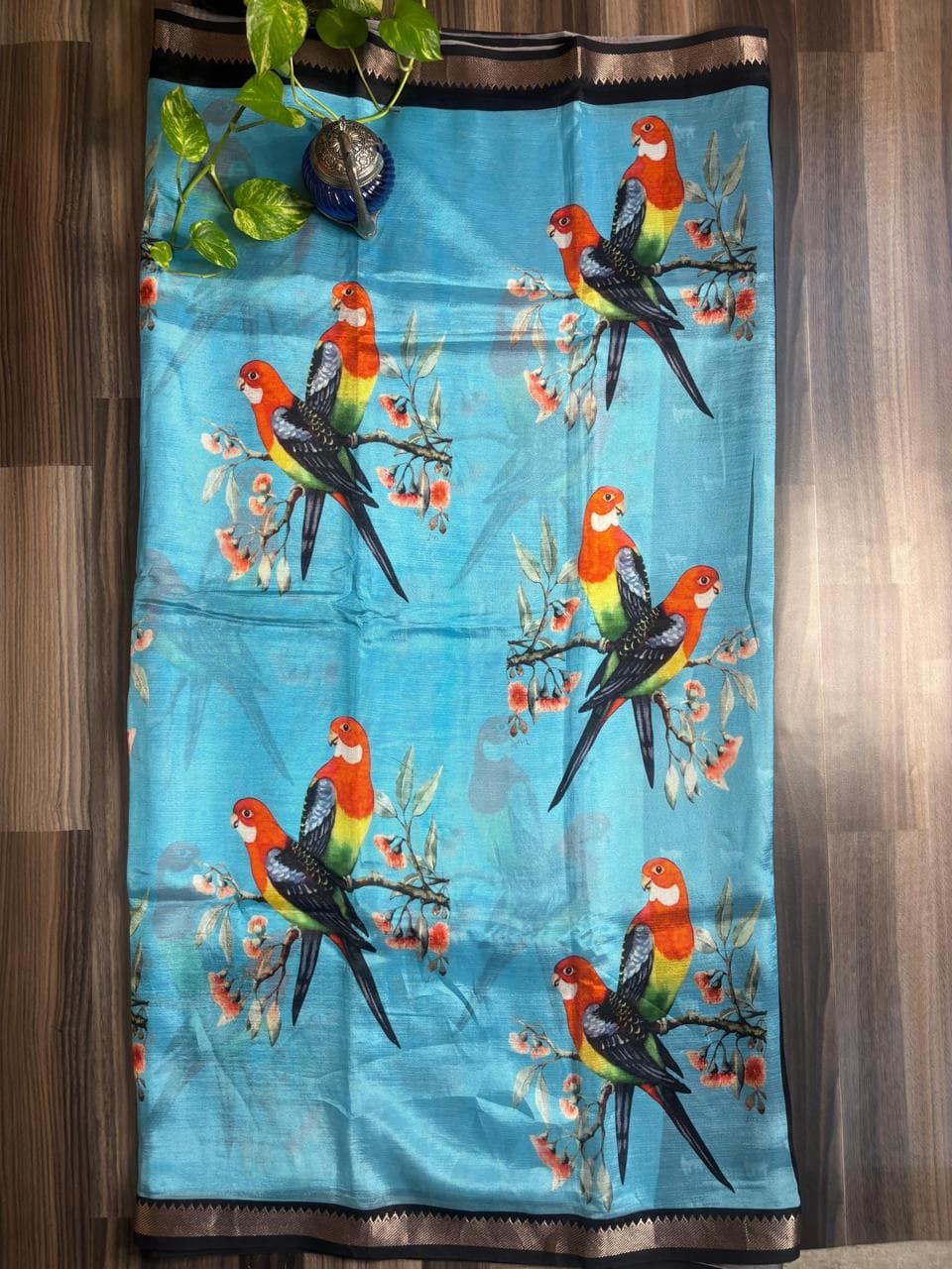 Sky Blue Parrot Digital Print Mangalagiri Pattu Saree