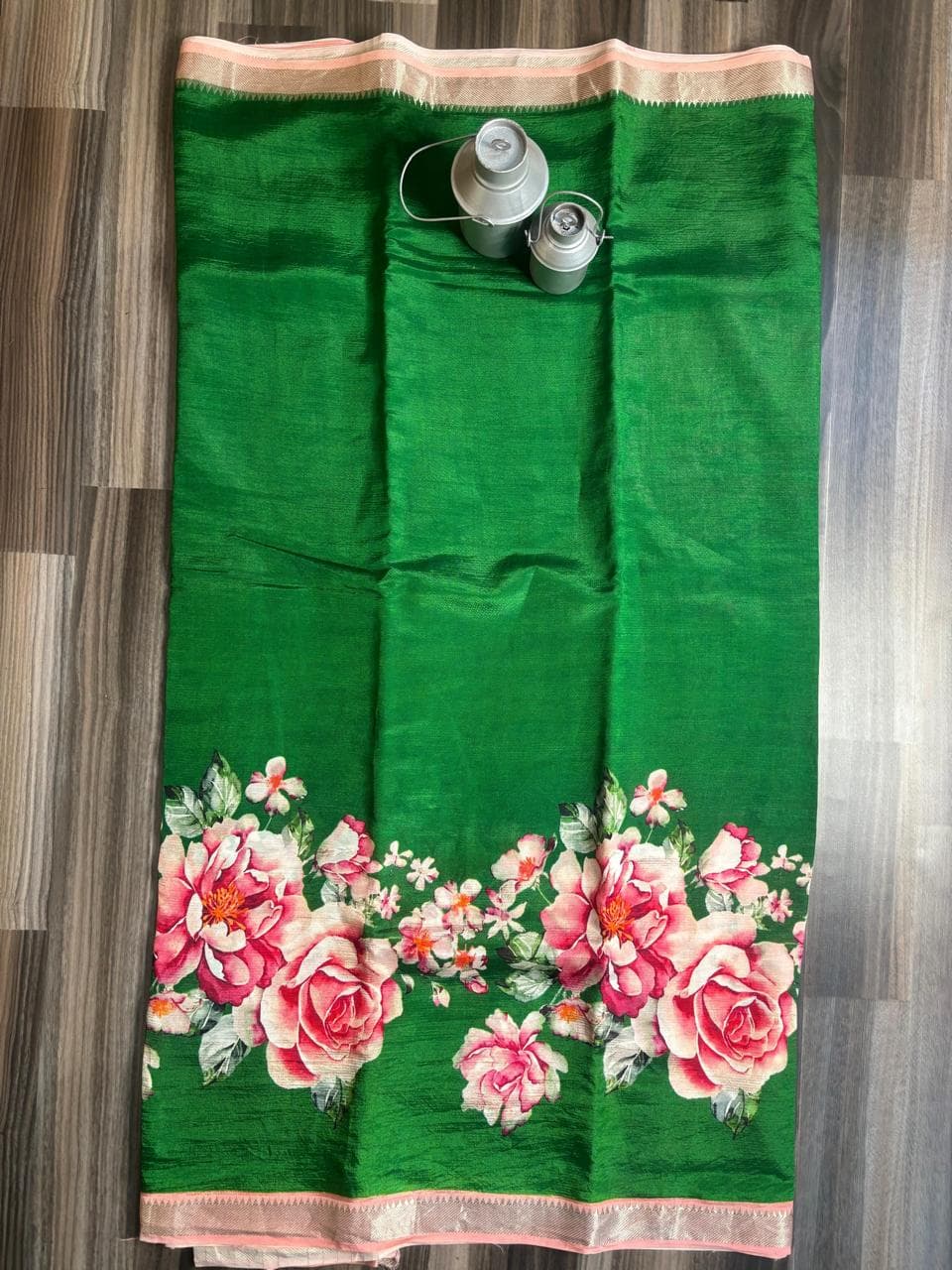 Emerald Green Rose Digital Print Mangalagiri Pattu Saree