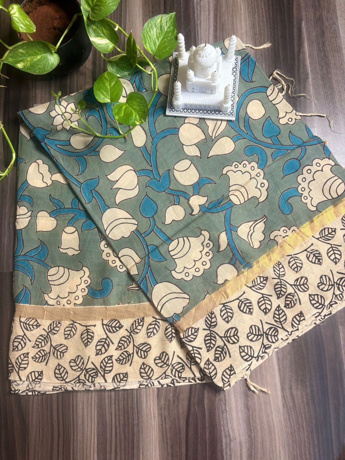 Grey–Teal Floral Kalamkari Saree