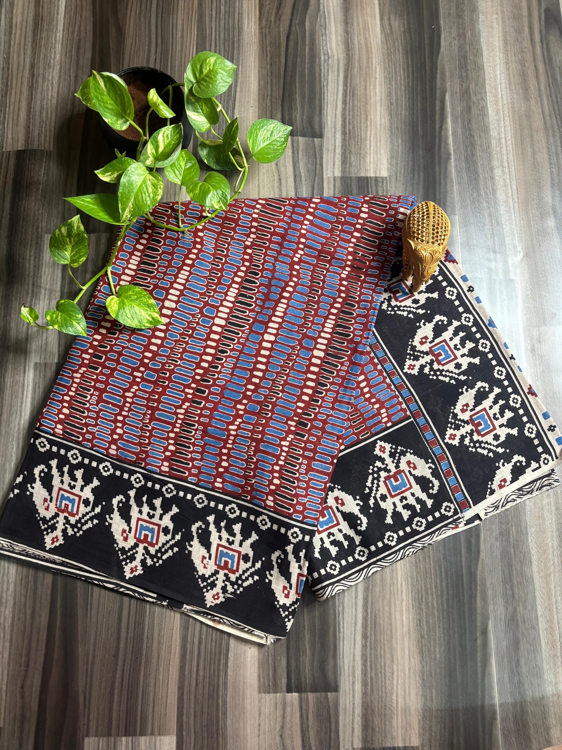 Black-Navy Geometric Ikat Kalamkari Saree