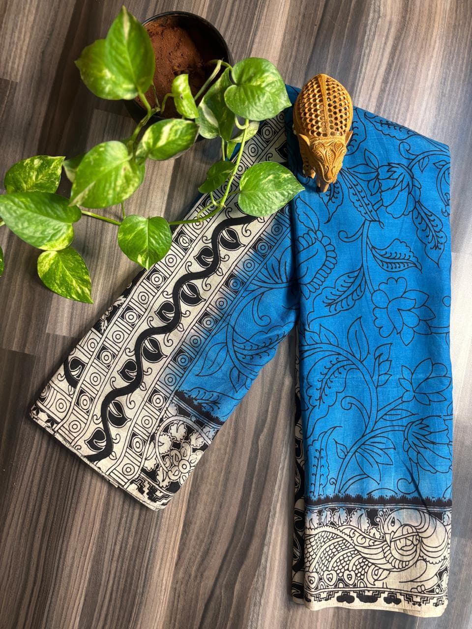 Blue & Cream dyeable Kalamkari Border Cotton Saree