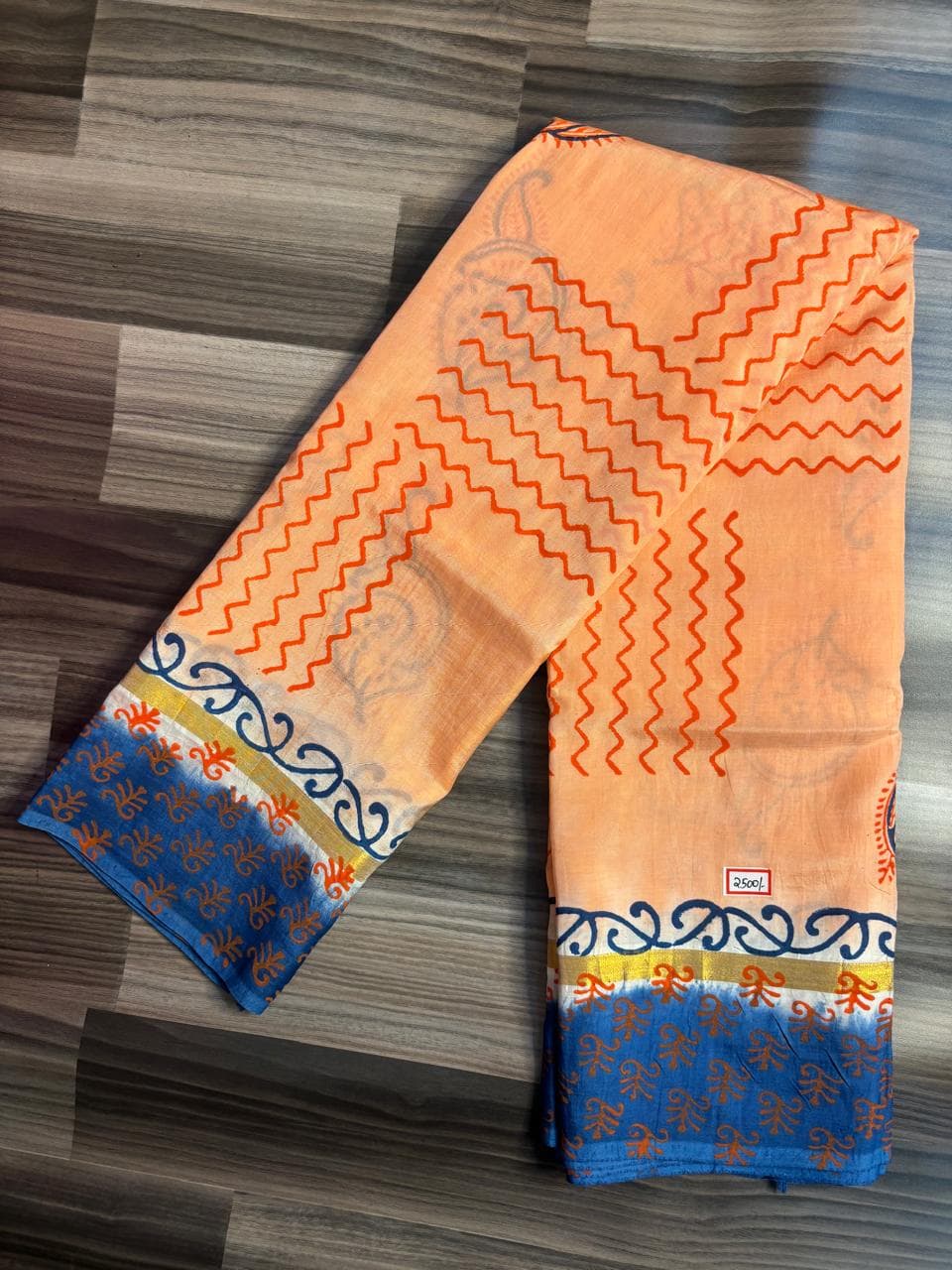Peach & Blue Handblock Printed Cotton Saree