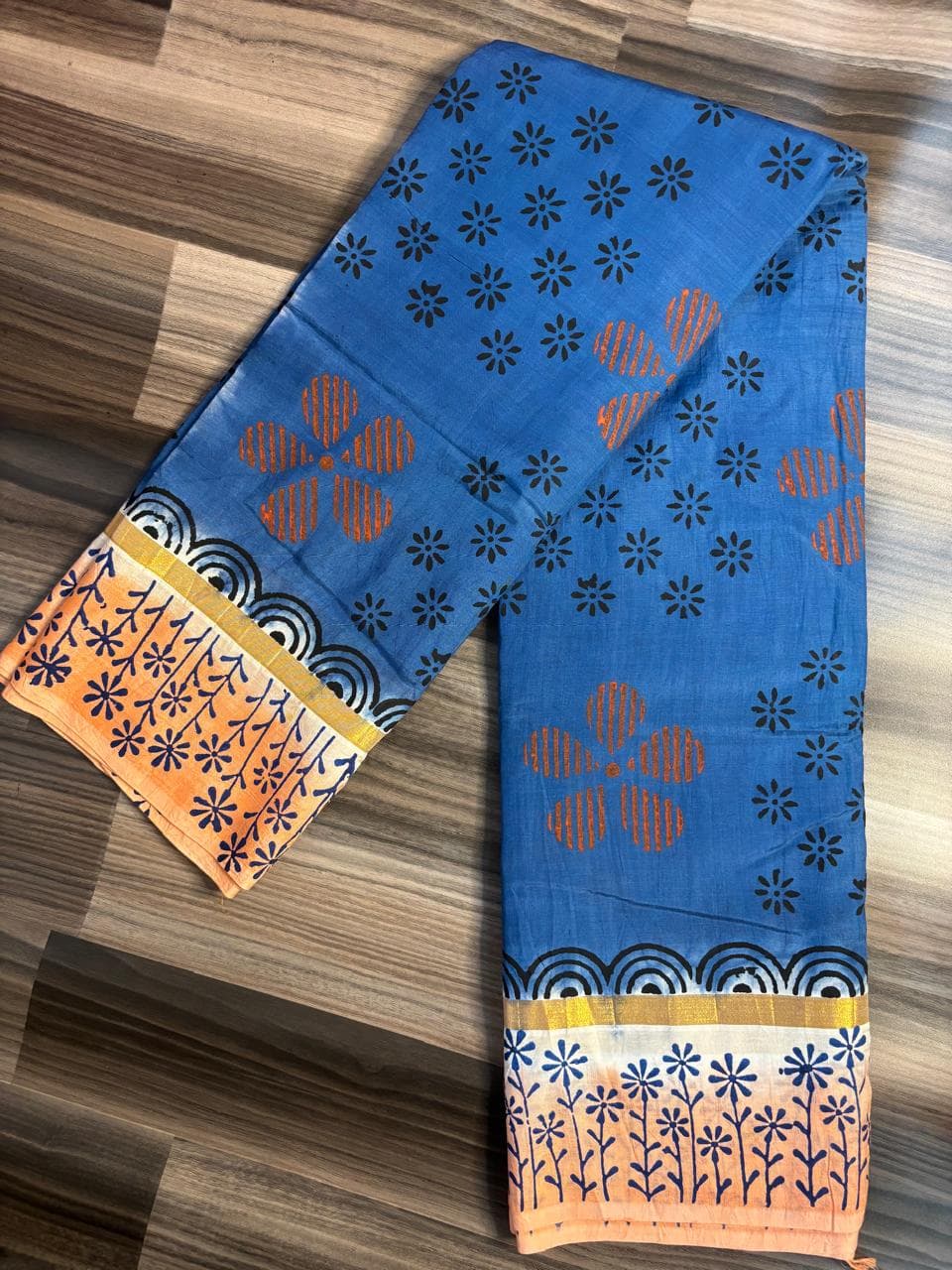 Blue Floral Handblock Printed Cotton Saree