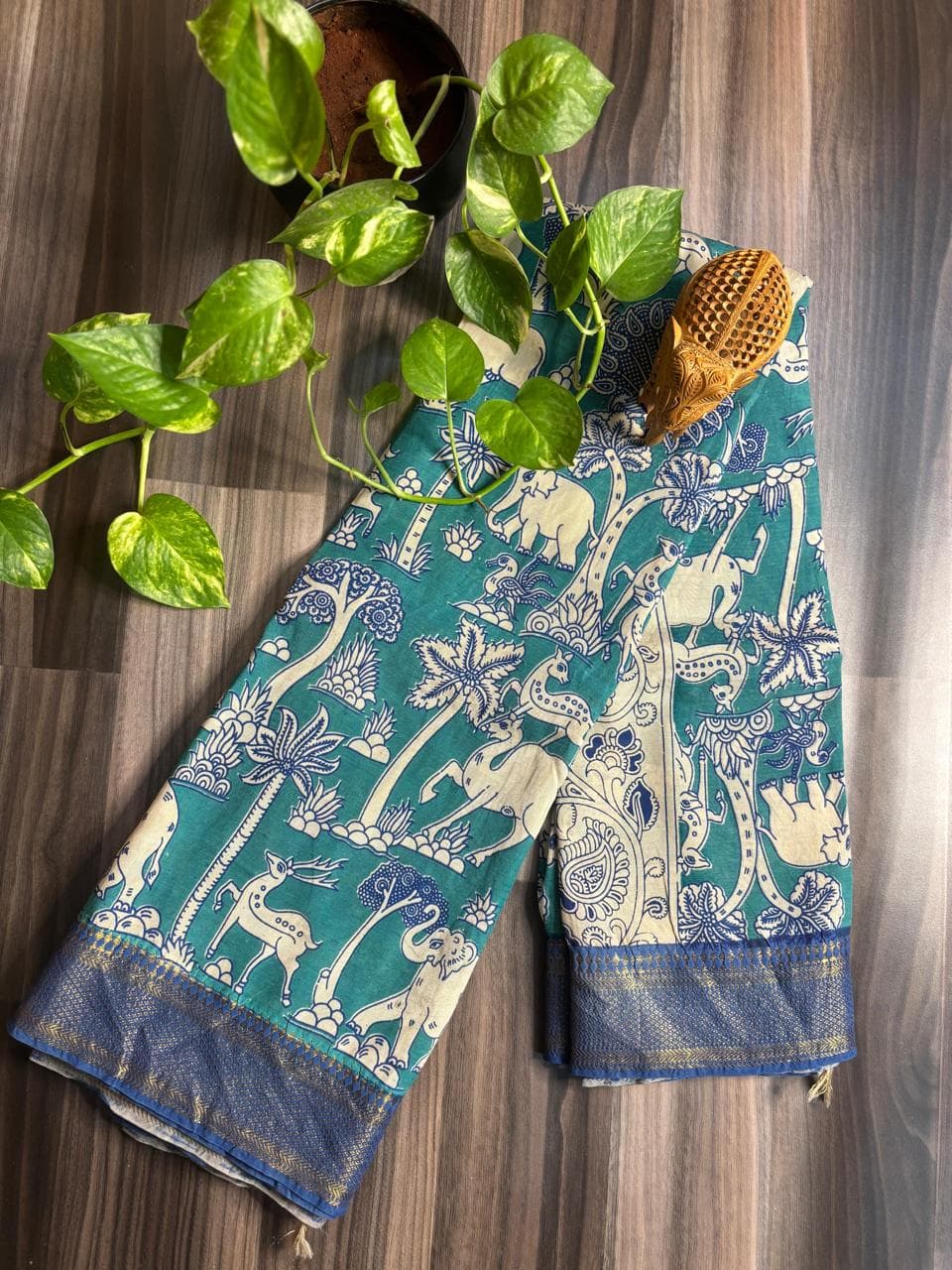 Teal Forest Motif Nizam Border Pure Kalamkari Saree