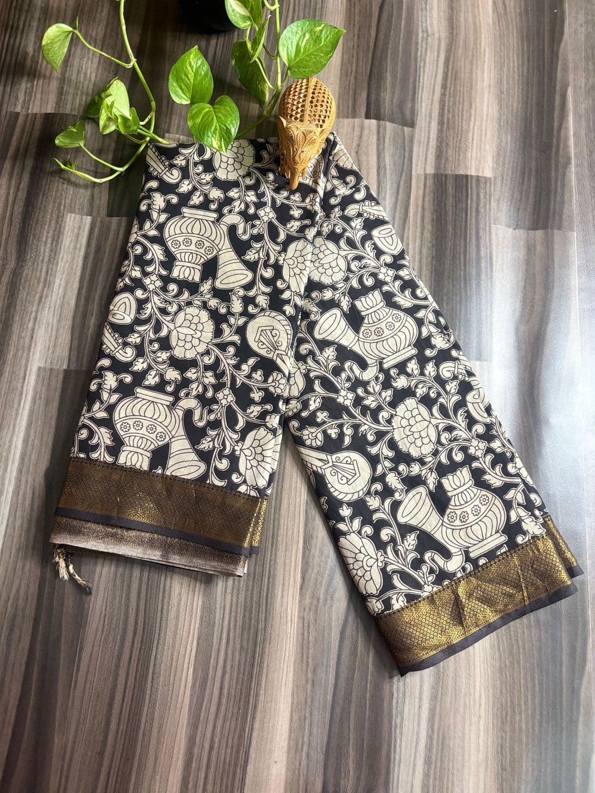 Black Pot & Floral Kalamkari Saree