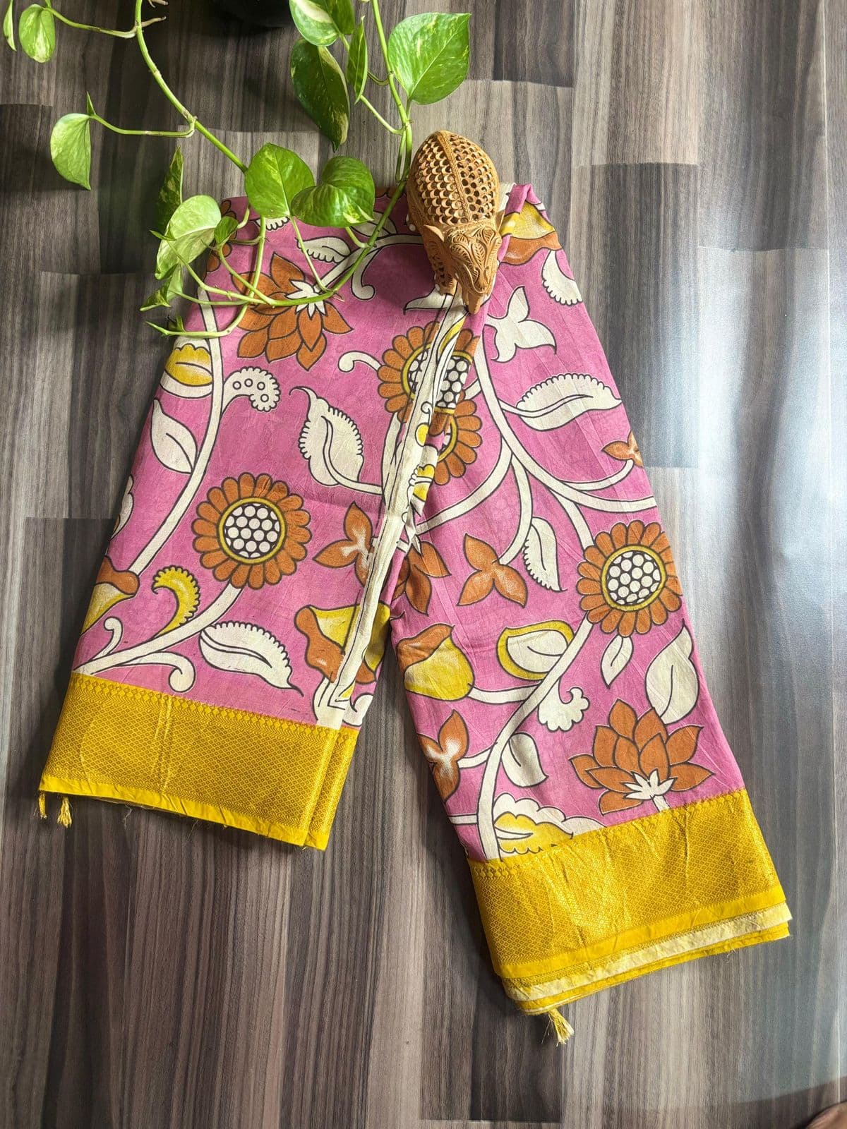 Pink Floral Kalamkari Saree with Yellow Border