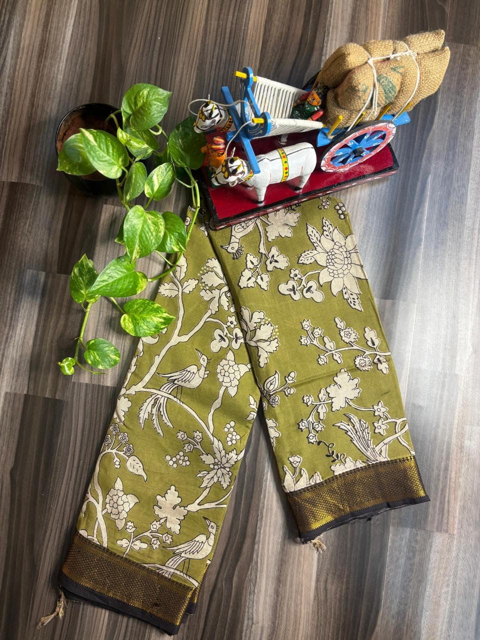 Olive Green Birds & Floral Nizam Border Pure Kalamkari Saree