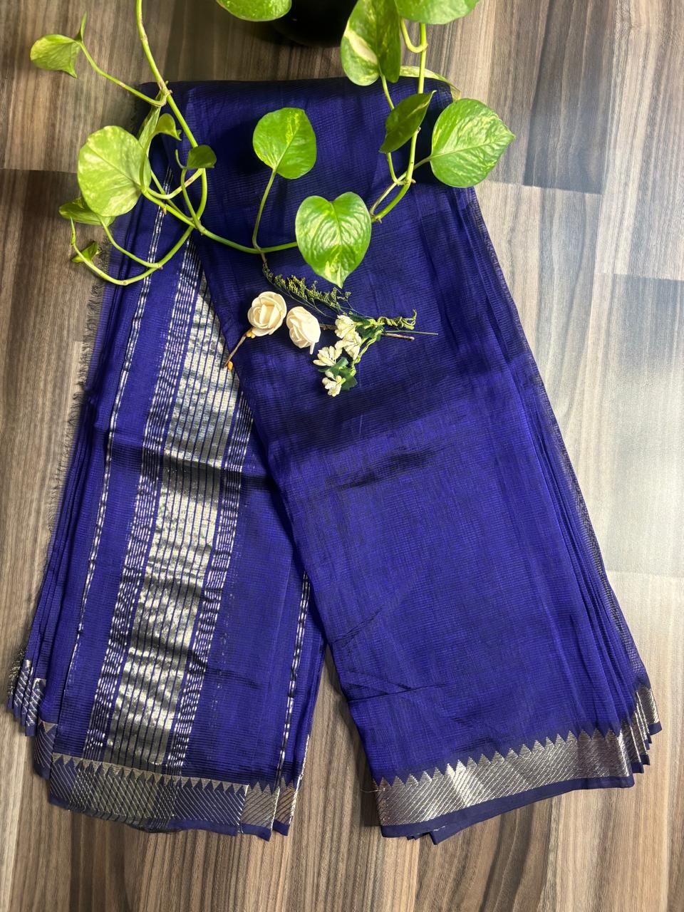 Royal Blue Silver Stripe Mangalagiri Pattu Saree